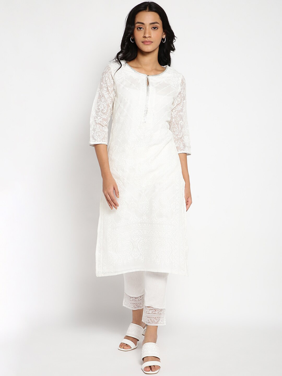 

W Women White Floral Keyhole Neck Kurta