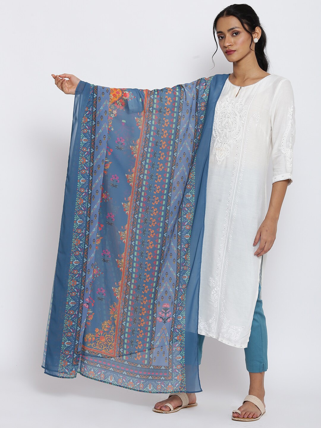 

W Teal & Orange Printed Dupatta