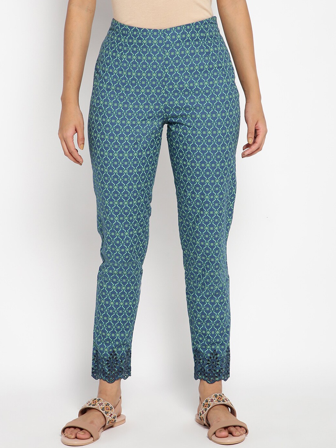 

W Women Teal Printed Slim Fit Trousers