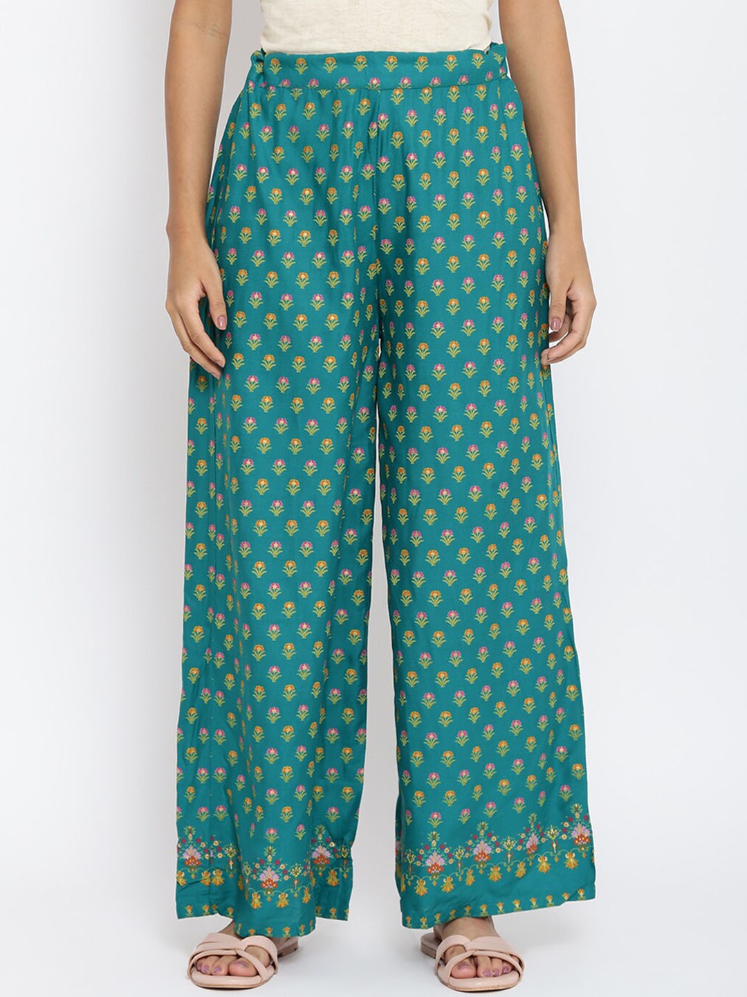 

W Women Green Floral Printed Trousers
