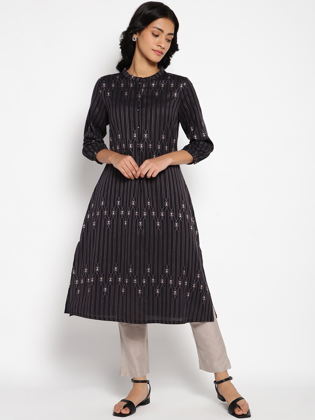 

W Women Black Striped Thread Work Cotton Kurta