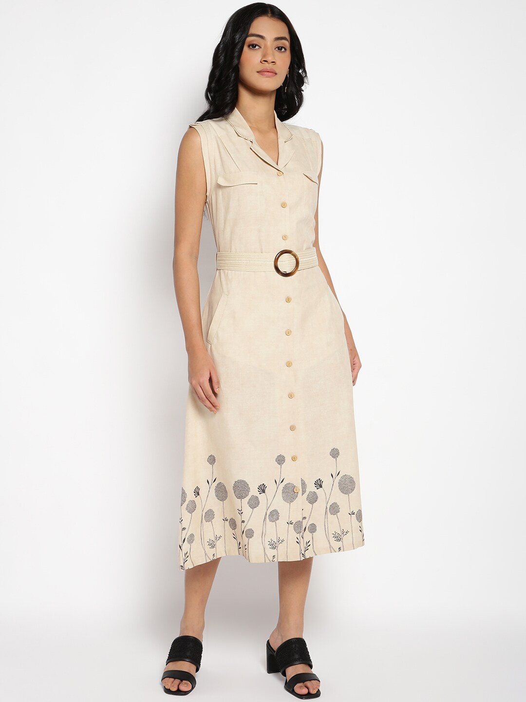 

W Women Beige Floral Shirt Style Midi Dress