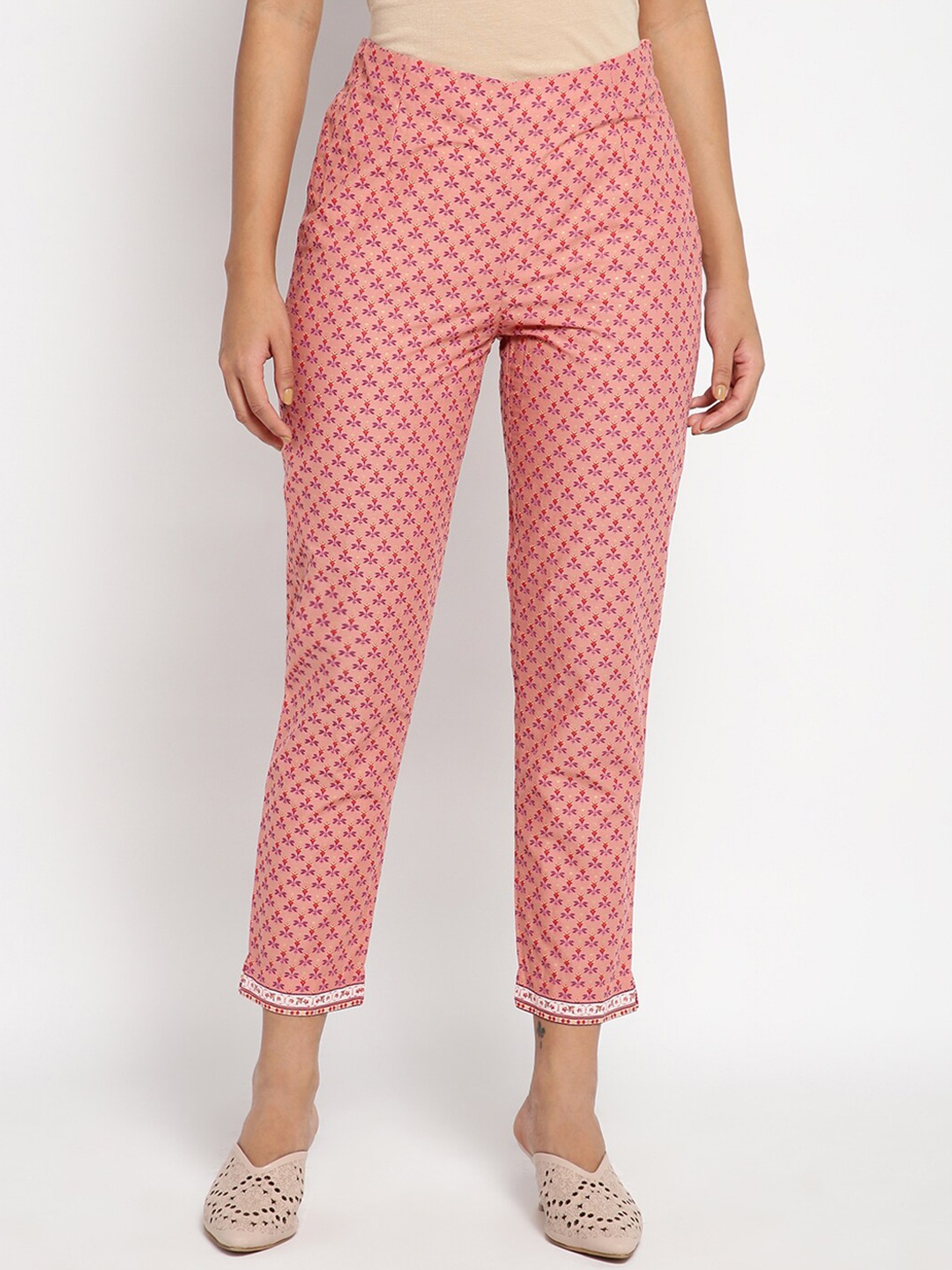 

W Women Pink Ethnic Motifs Printed Slim Fit Trousers