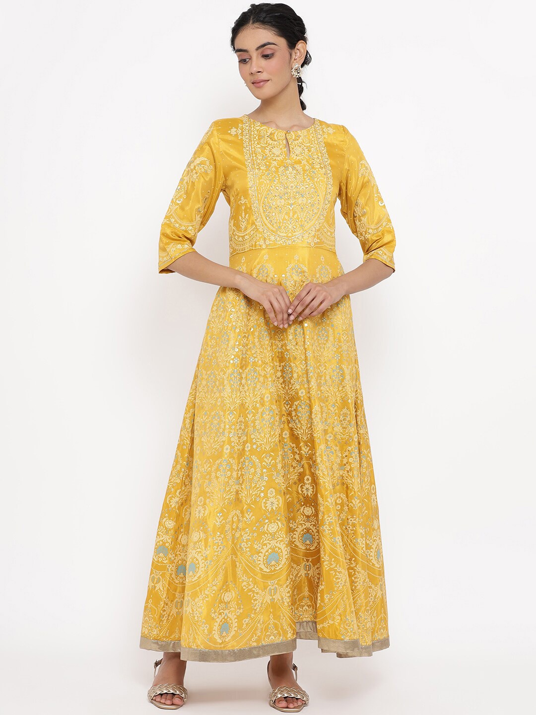 

W Women Yellow Floral Printed Keyhole Neck Maxi Dress