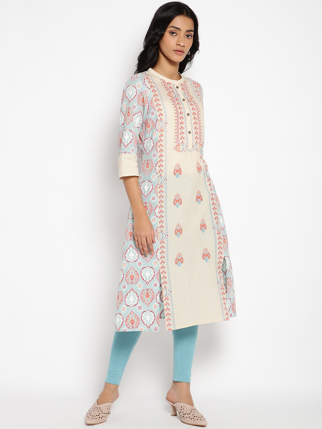 

W Women Off White & Blue Ethnic Motifs Pure Cotton Printed Kurta