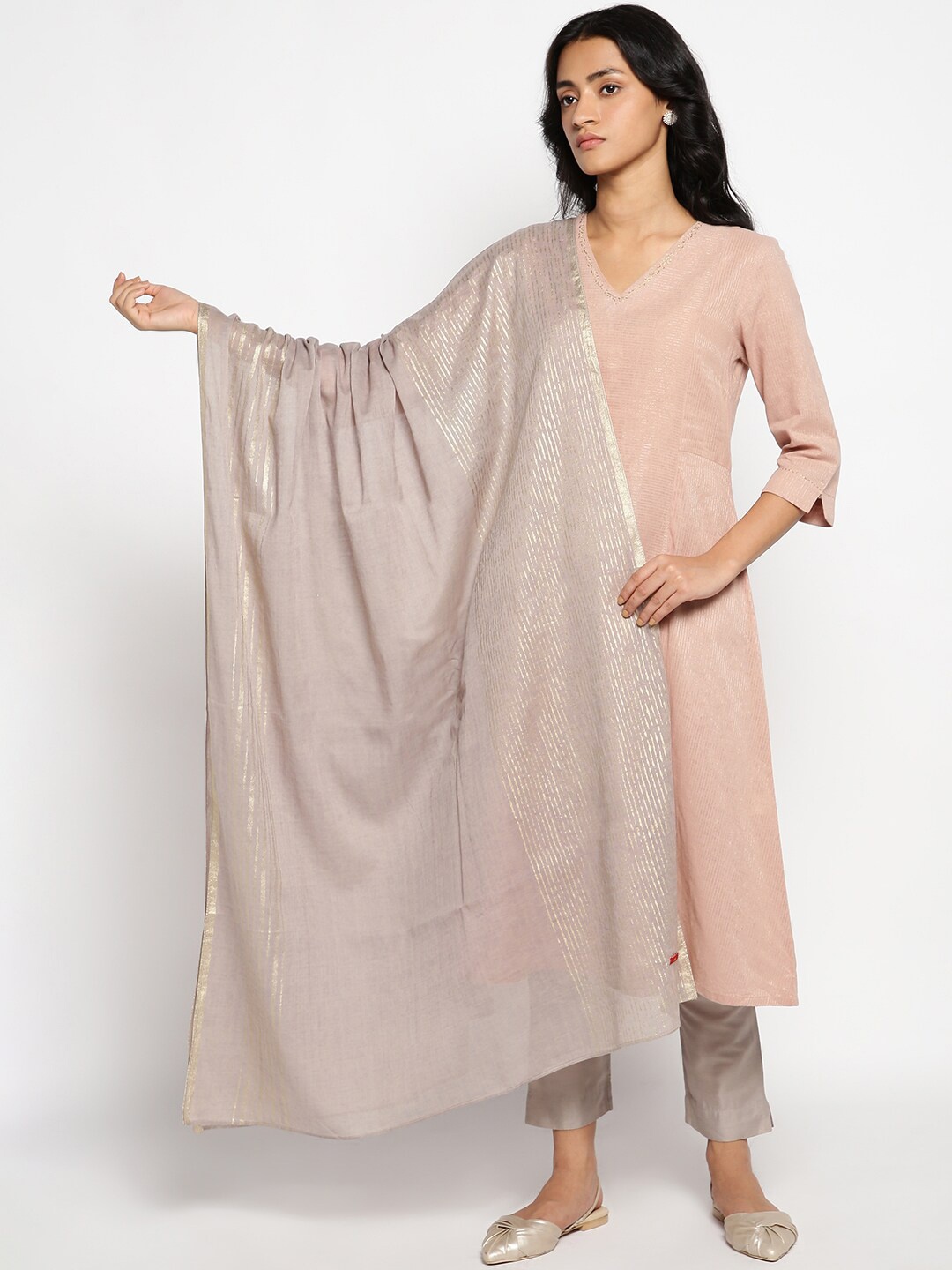 

W Grey Striped Pure Cotton Dupatta