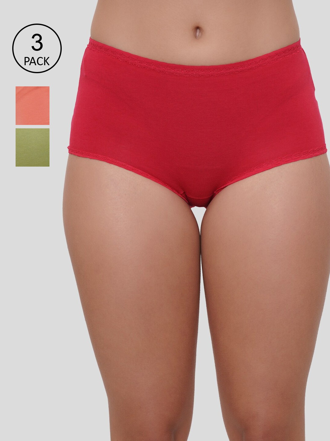 

Amour Secret Women Pack Of 3 Coral & Green Solid Hipster Briefs