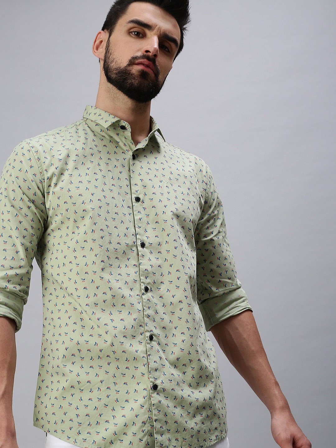 

SHOWOFF Men Green Comfort Slim Fit Printed Long Sleeve Casual Shirt