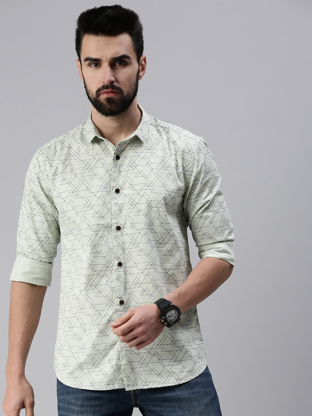

SHOWOFF Men Green Comfort Slim Fit Printed Cotton Casual Shirt