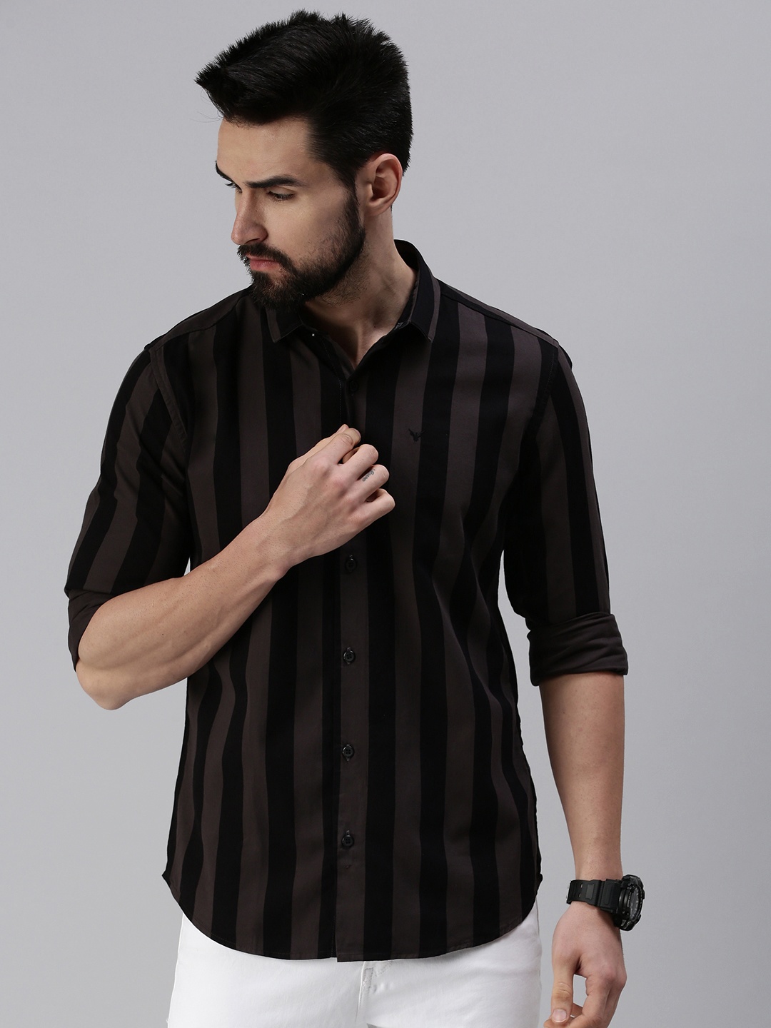 

SHOWOFF Men Charcoal Striped Slim Fit Casual Shirt