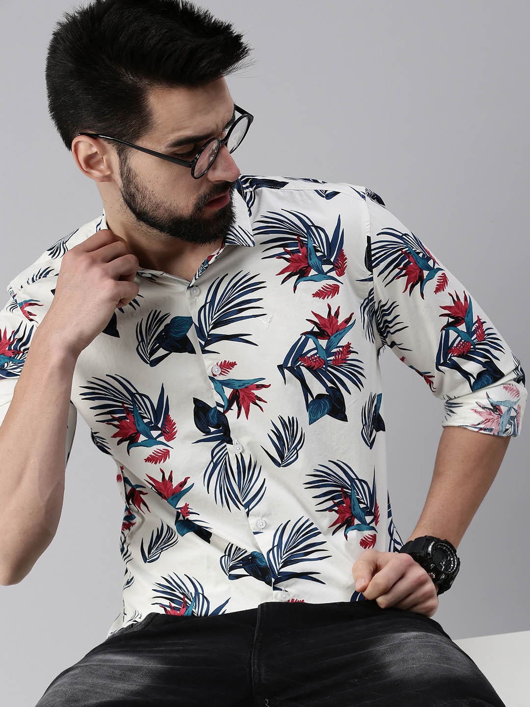 

SHOWOFF Men White & Blue Comfort Slim Fit Floral Printed Cotton Casual Shirt