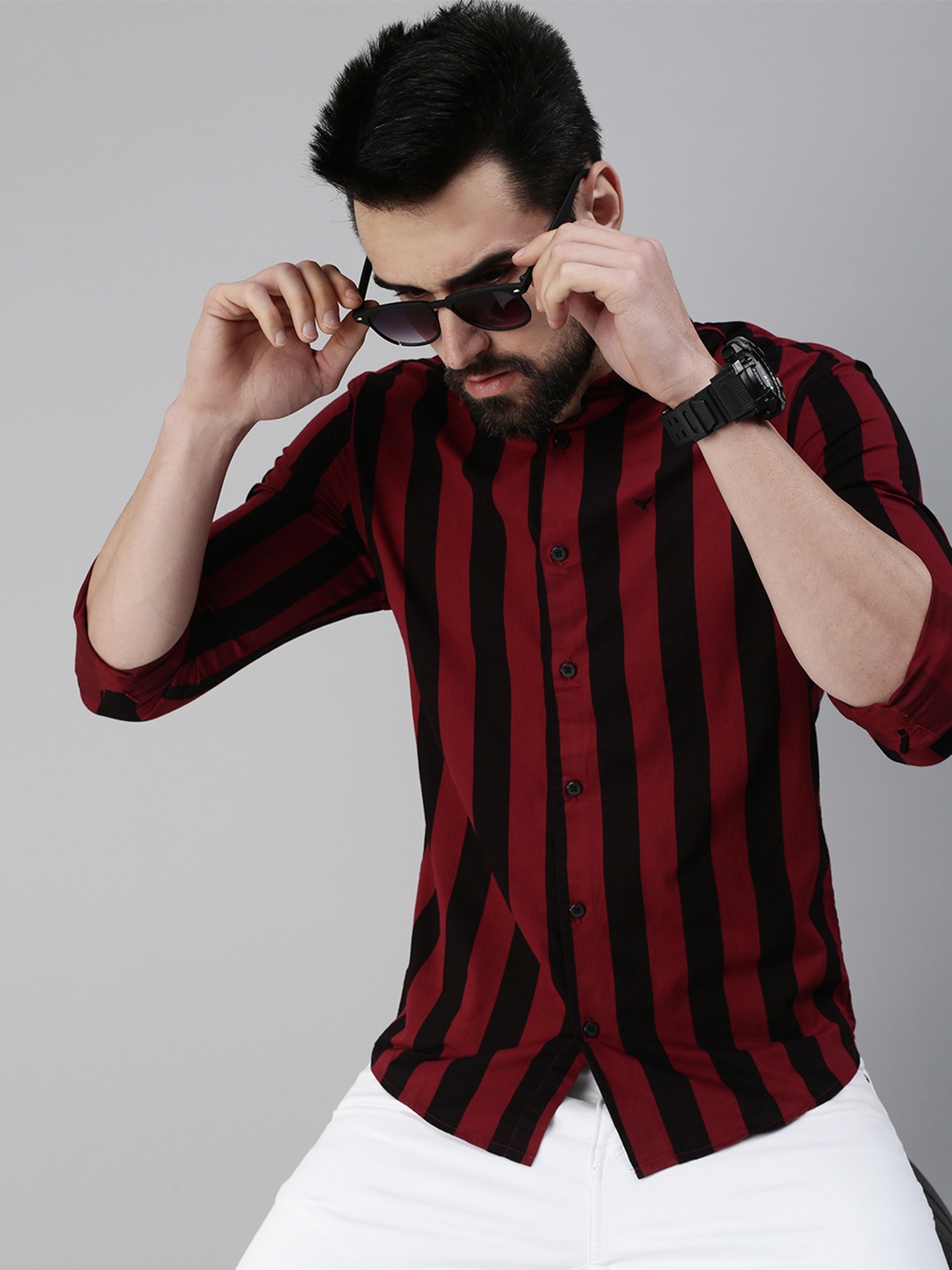 

SHOWOFF Men Maroon Comfort Slim Fit Striped Casua Cotton Shirt