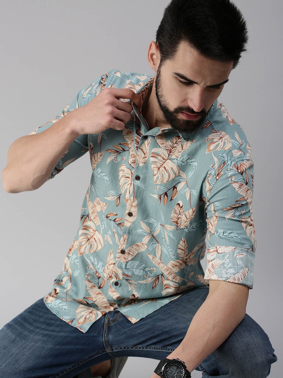 SHOWOFF Men Sea Green Comfort Slim Fit Floral Printed Casual Shirt