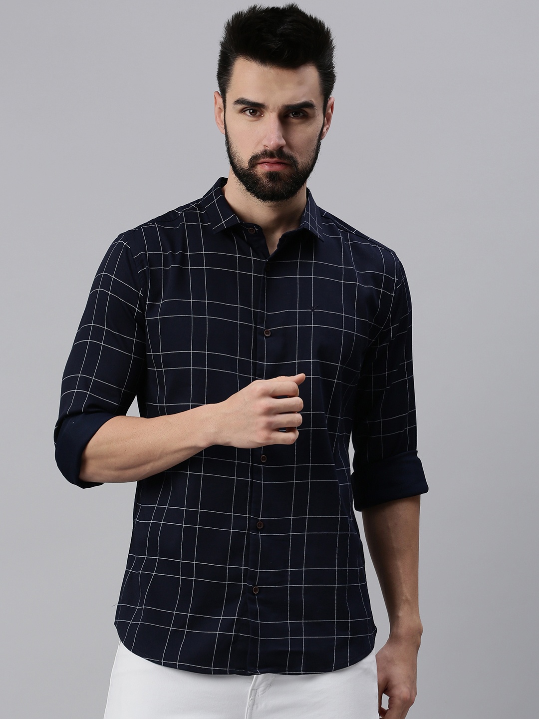 

SHOWOFF Men Navy Blue Comfort Slim Fit Windowpane Checks Checked Casual Shirt