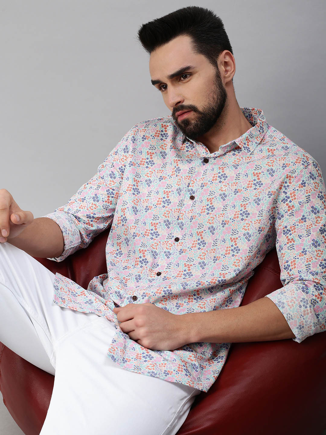 

SHOWOFF Men White Comfort Slim Fit Printed Long Sleeve Casual Shirt