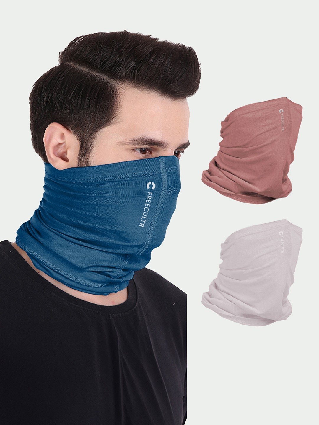 

FREECULTR Unisex Set Of 3 Bamboo Anti Microbial Bandana Headband Cloth Face Mask, Navy blue