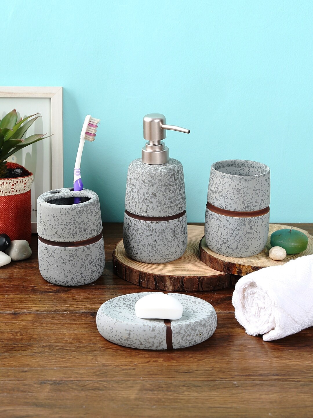 

House Of Accessories Set Of 4 Printed Bathroom Accessories, Grey