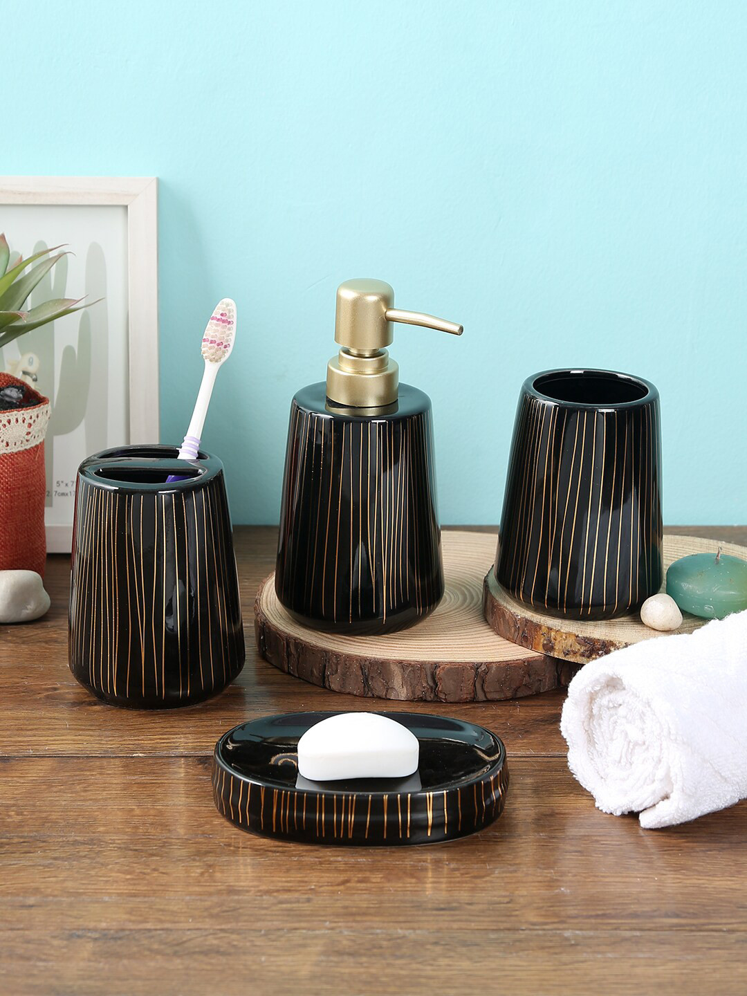 

House Of Accessories Pack of 4 Black Striped Bathroom Accessories