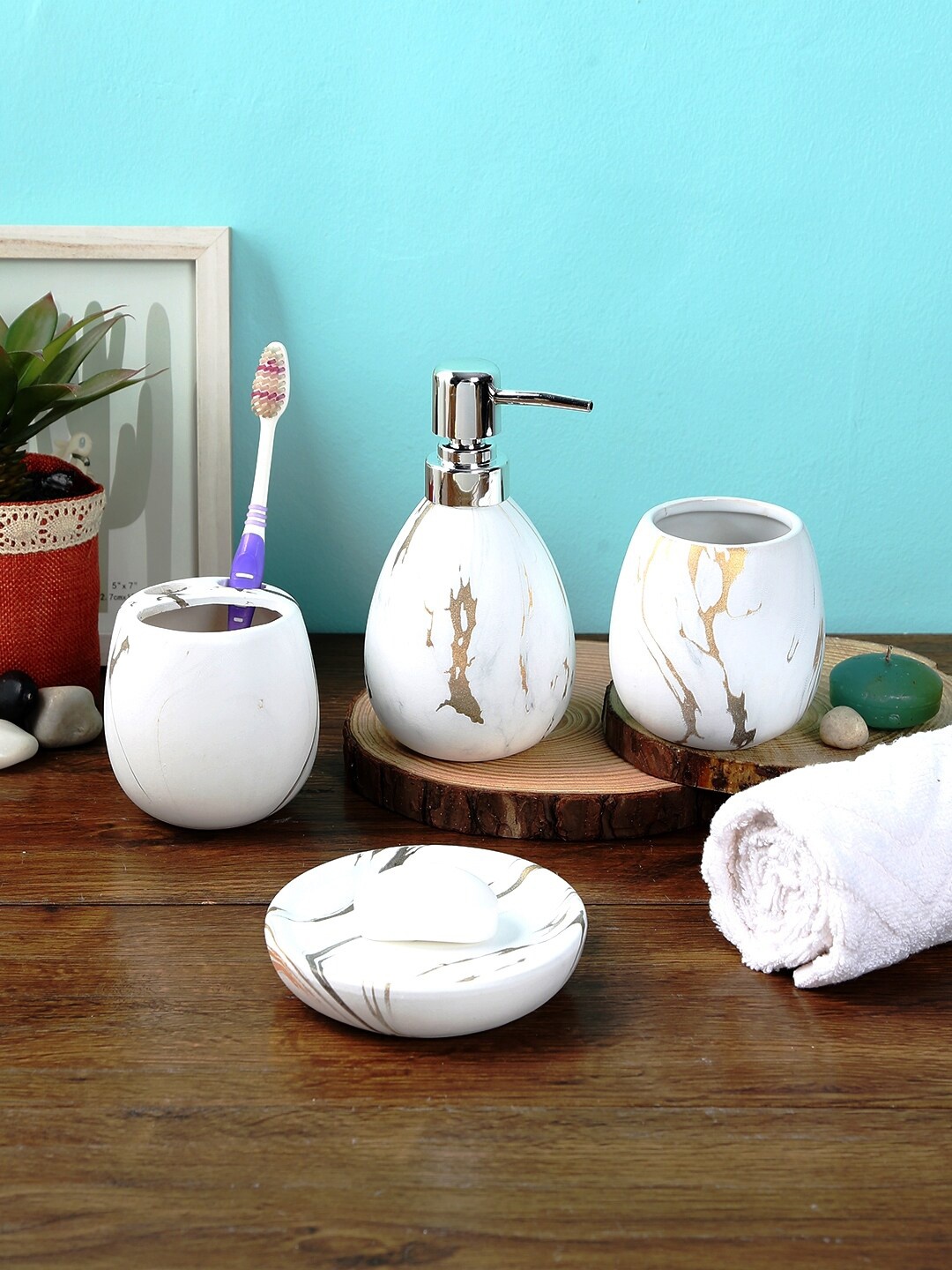 

House Of Accessories Set of 4 White Abstract Print Ceramic Bathroom Accessories