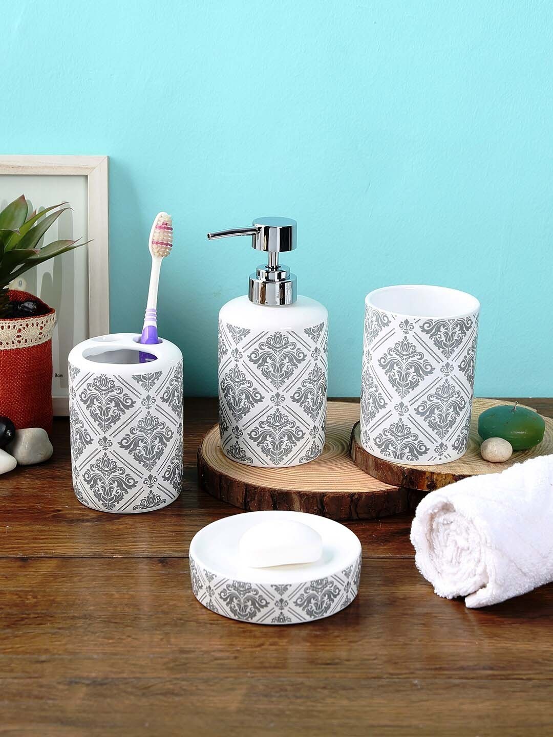 

House Of Accessories Pack of 4 White & Grey Printed Ceramic Bathroom Accessories