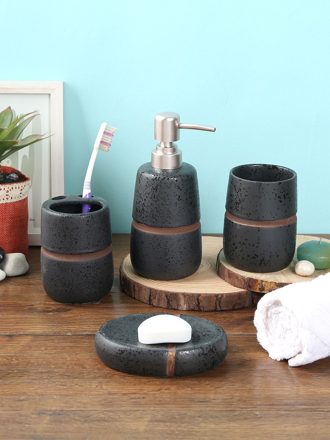 

House Of Accessories Pack of 4 Black Solid Ceramic Bathroom Accessories