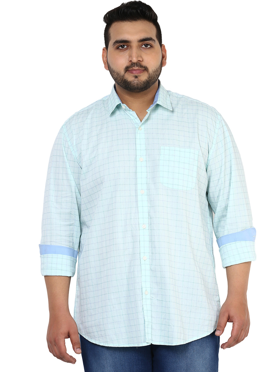 

John Pride Plus Size Men Green Smart Fit Checked Casual Shirt
