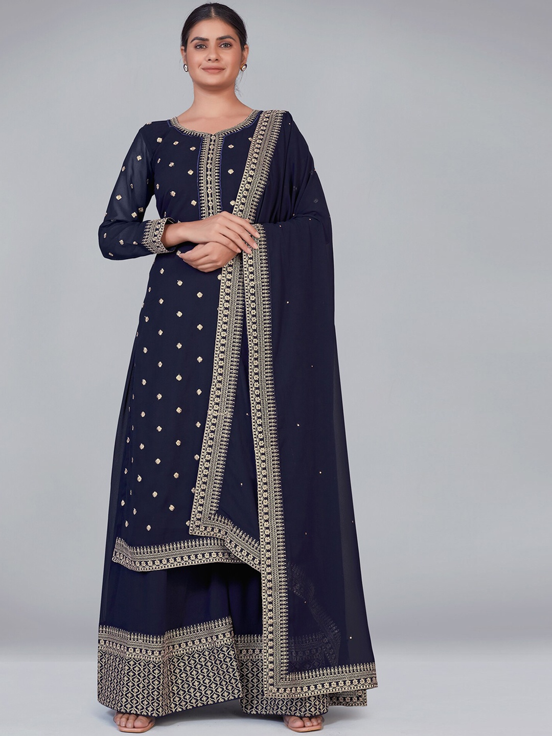 

MONJOLIKA FASHION Women Navy Blue Embroidered Kurta with Sharara & With Dupatta