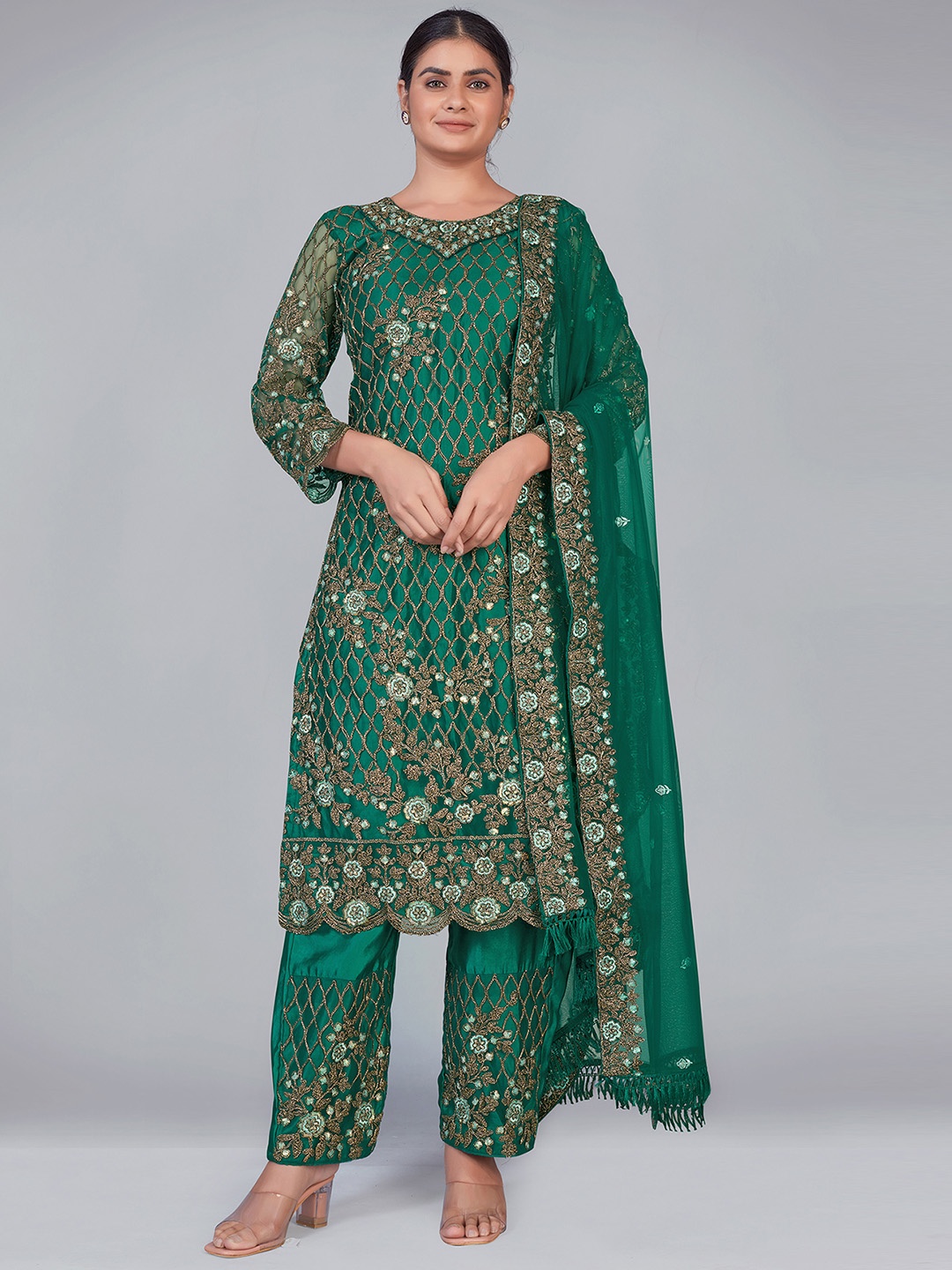 

MONJOLIKA FASHION Women Green Floral Embroidered Kurta with Salwar & Dupatta