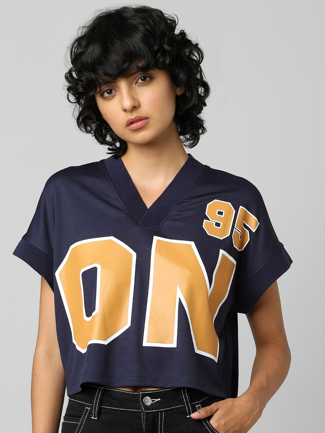 

ONLY Women Navy Blue & Yellow Typography Printed V-Neck Boxy T-shirt