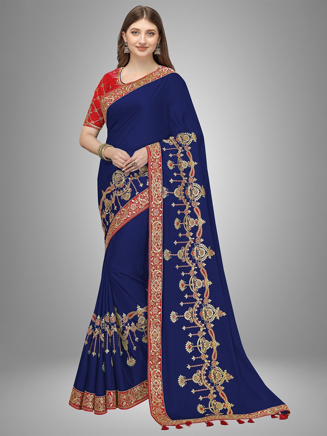 

Trendmalls Blue & Red Floral Pure Silk Saree