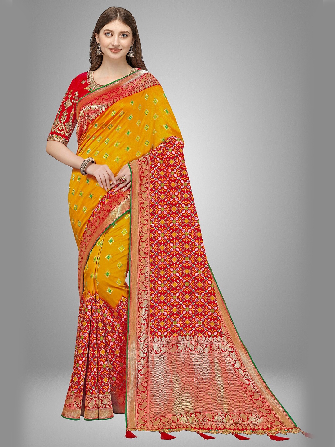 

Trendmalls Orange & Red Woven Design Pure Silk Banarasi Saree