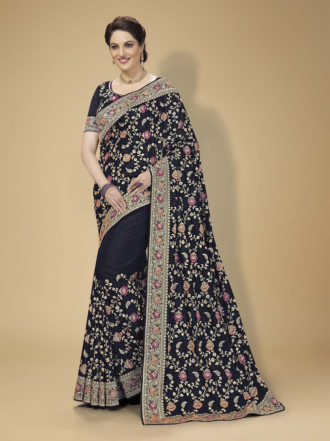 

Trendmalls Blue & Pink Floral Embroidered Pure Silk Saree