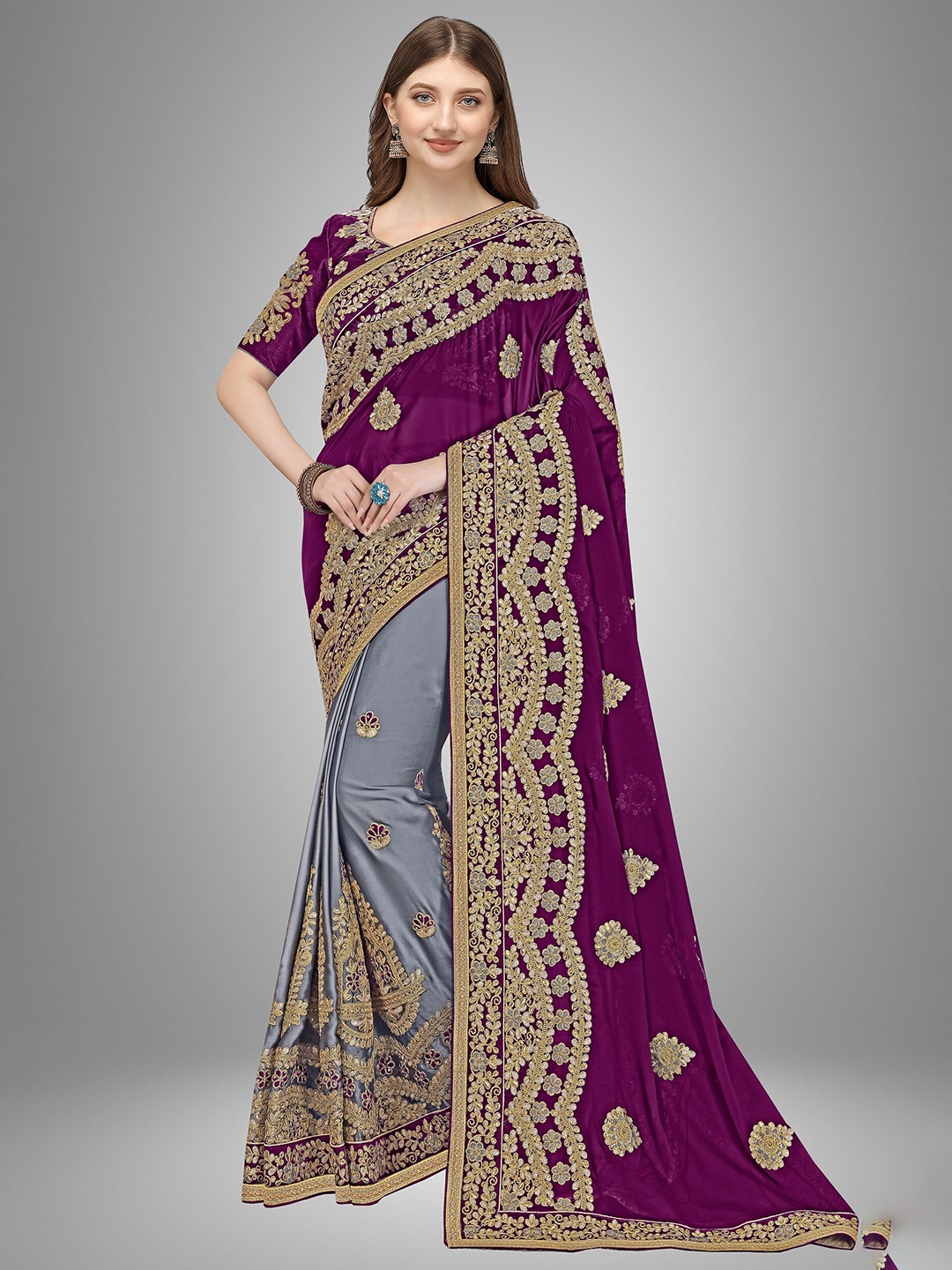 

Trendmalls Women Purple & Grey Floral Embroidered Pure Silk Saree