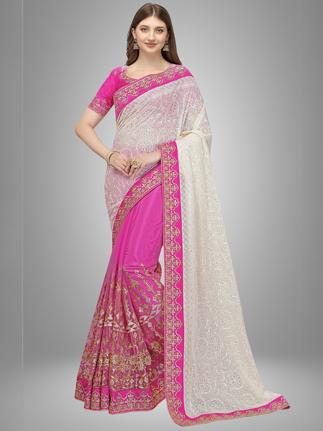 

Trendmalls Women Pink & White Georgette & Net Heavy Embroidred saree