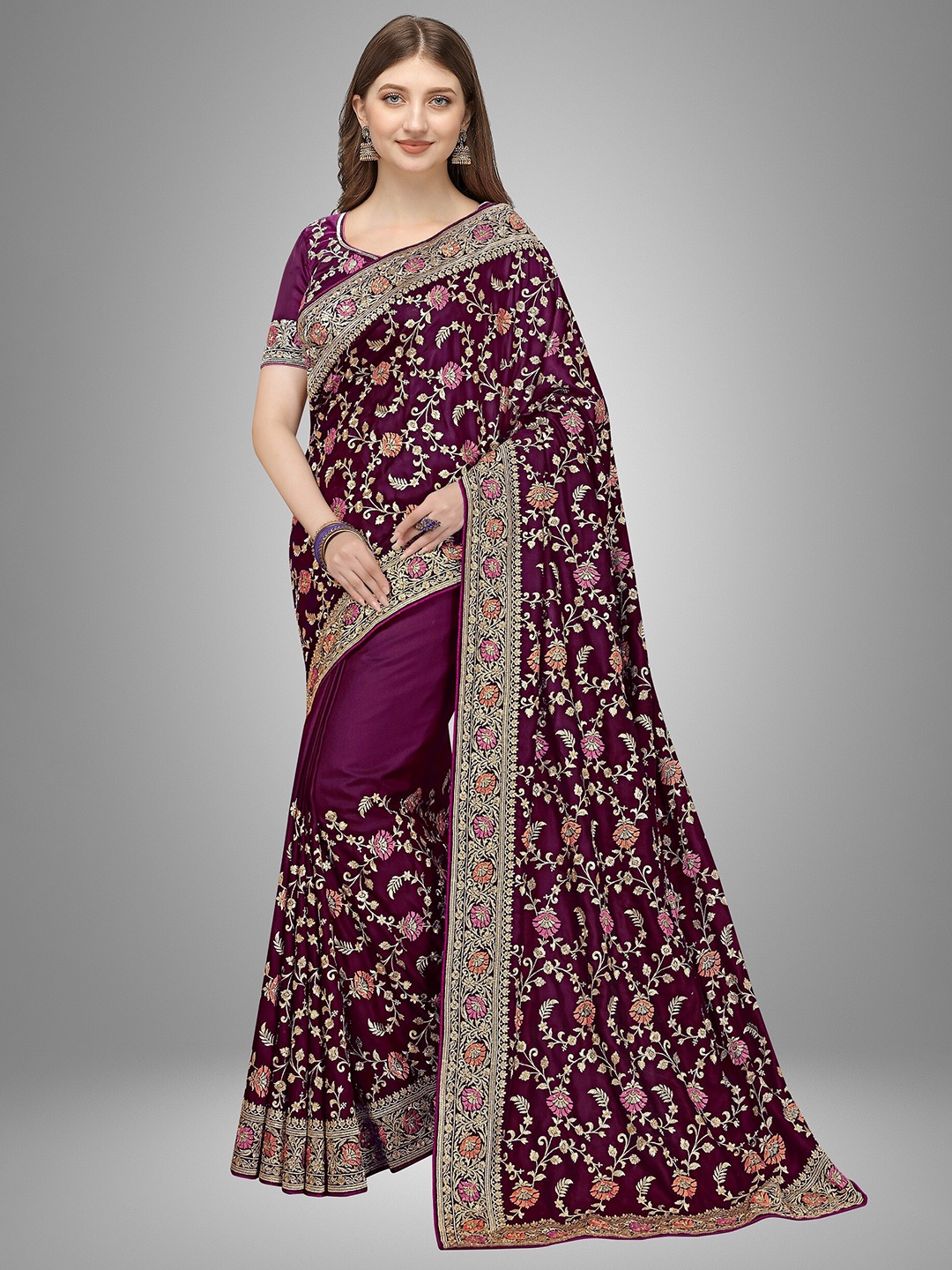 

Trendmalls Purple & Gold-Toned Floral Pure Silk Saree