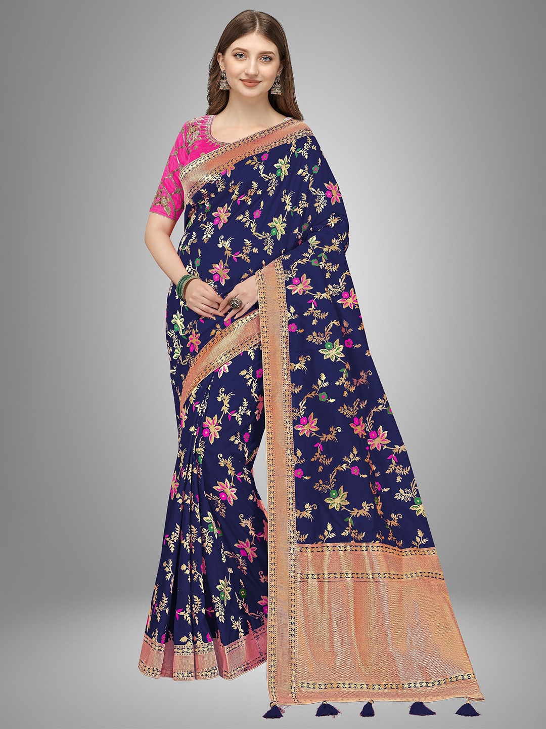 

Trendmalls Blue & Pink Floral Zari Pure Silk Banarasi Saree