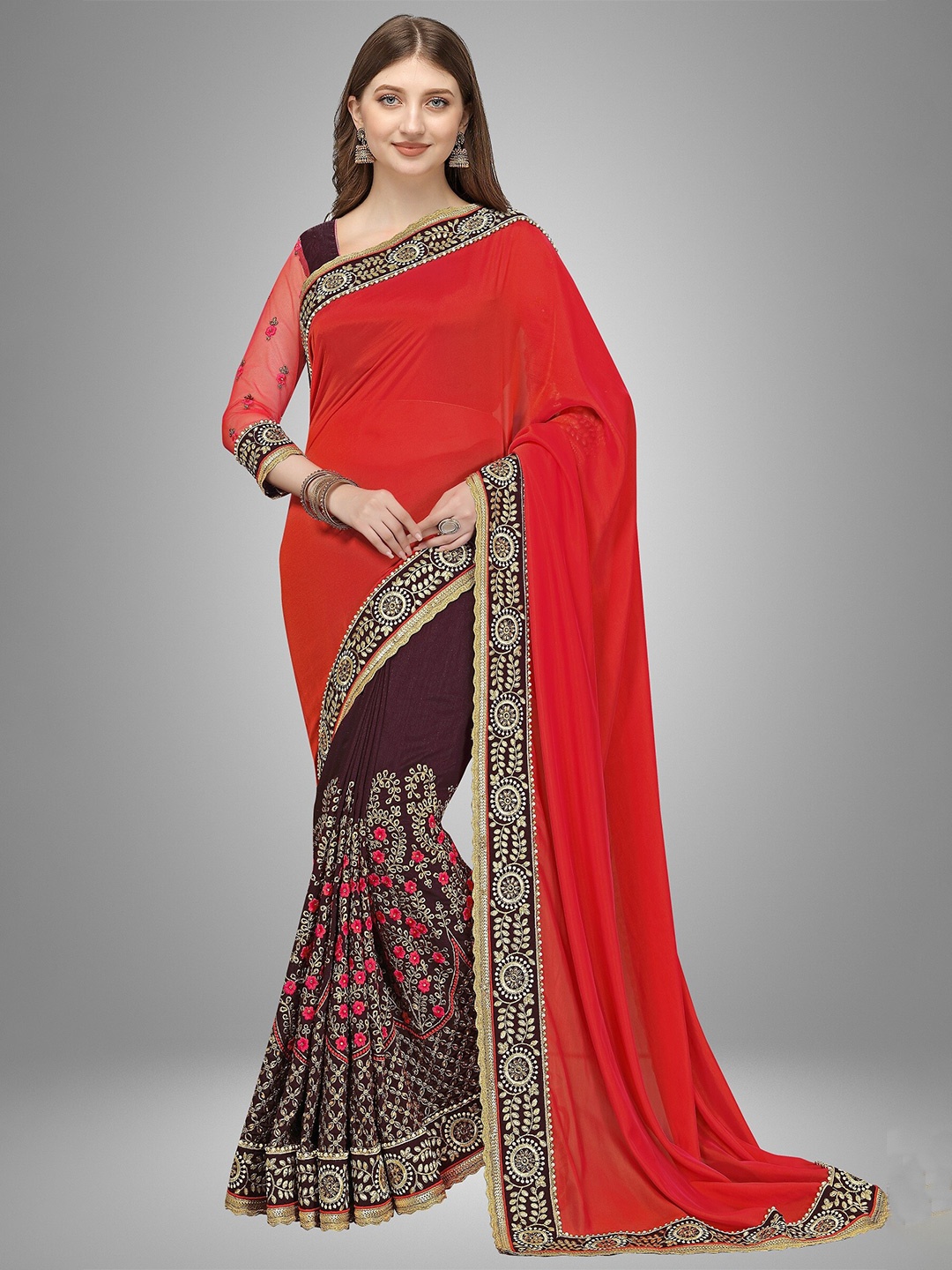 

Trendmalls Women Red & Brown Floral Embroidered Zari Pure Silk Saree