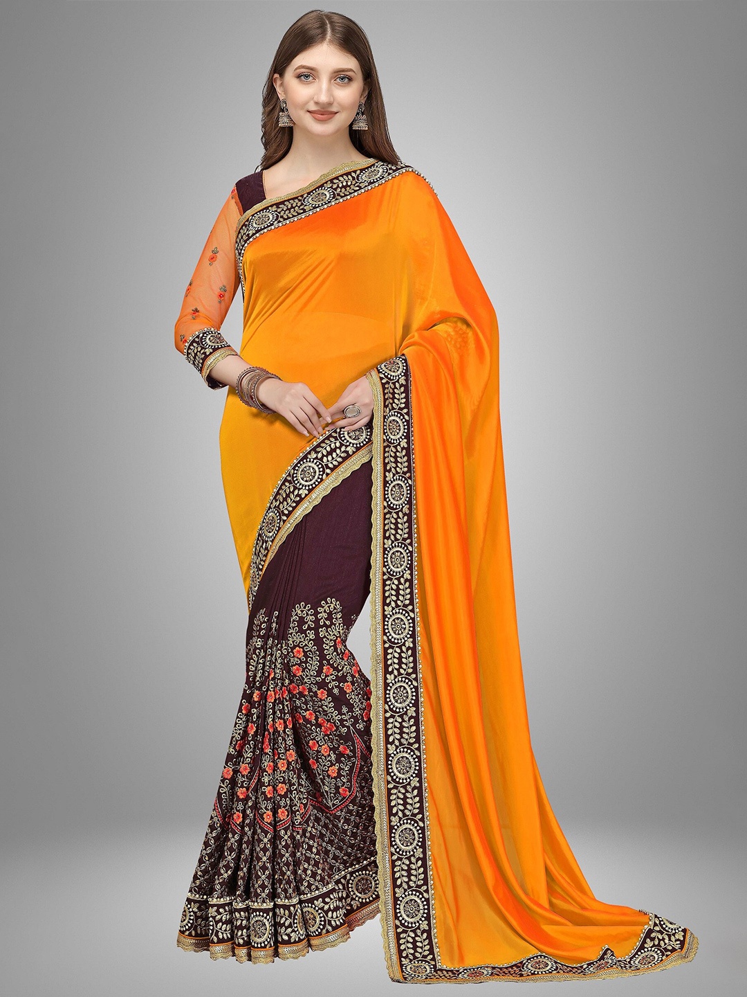 

Trendmalls Women Orange & Brown Embellished Pure Silk Saree