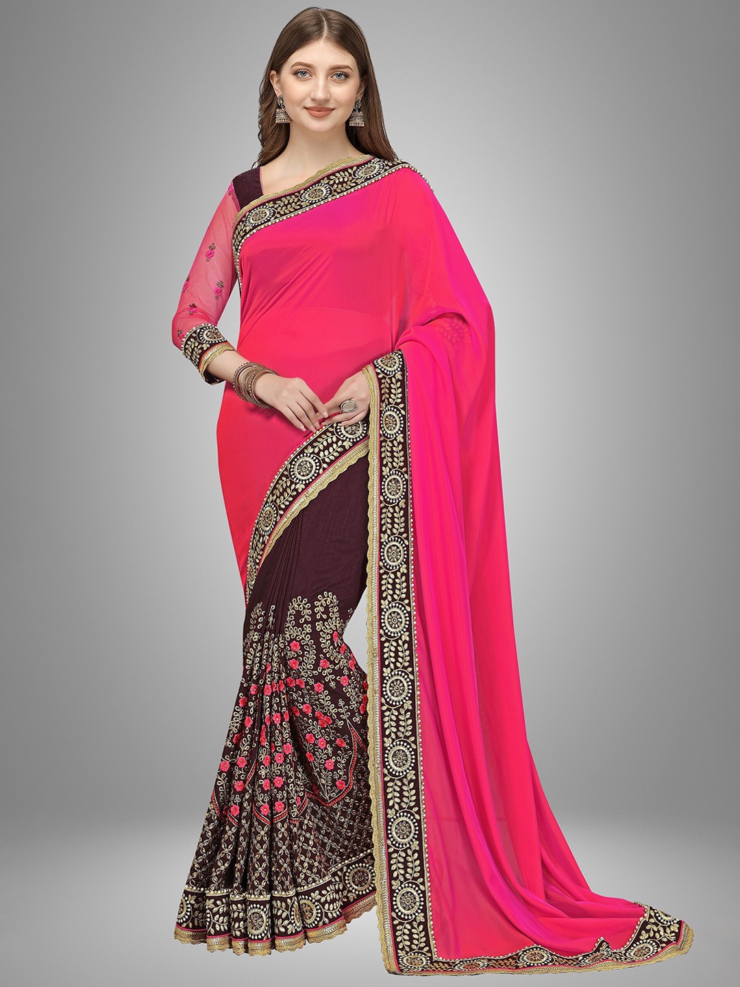 

Trendmalls Pink & Brown Floral Embroidered Pure Silk Saree