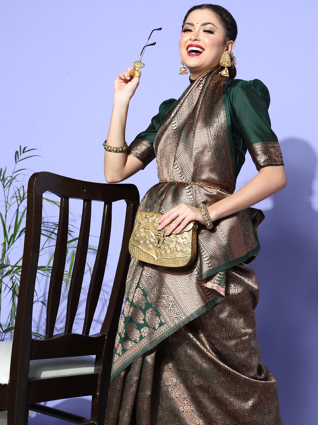 

Satrani Ethnic Motifs Saree with Woven Design border, Green