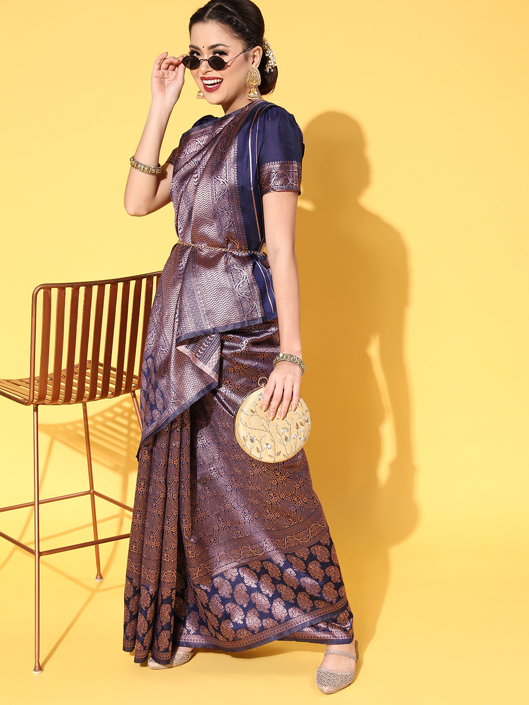 

Satrani Woven Design Saree with border, Navy blue