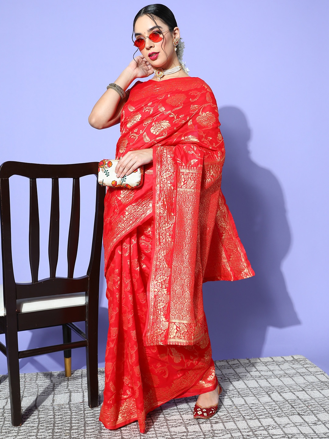 

Satrani Ethnic Motifs Saree with Woven Design border, Red