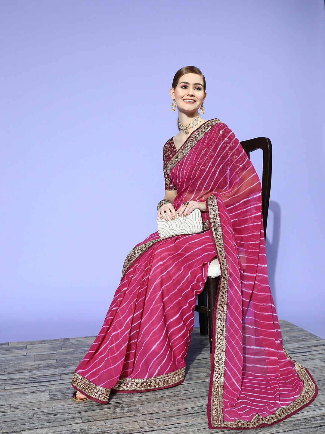 

Satrani Leheriya Saree with Embroidered border, Purple