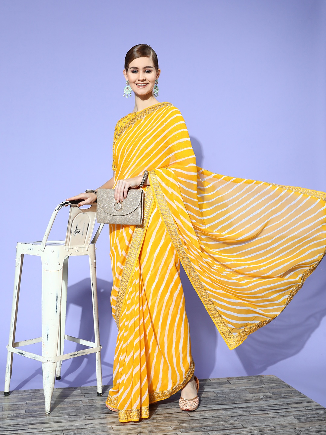 

Satrani Leheriya Saree with Embroidered border, Yellow