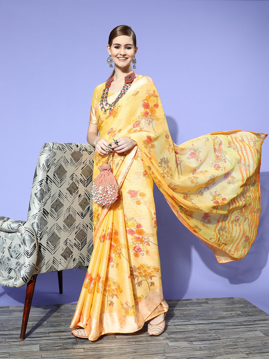 

Satrani Floral Saree with Woven Design border, Orange