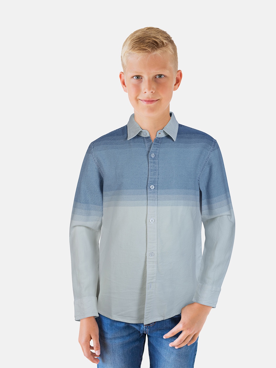 

Gini and Jony Boys Blue Horizontal Stripes Colourblocked Cotton Casual Shirt