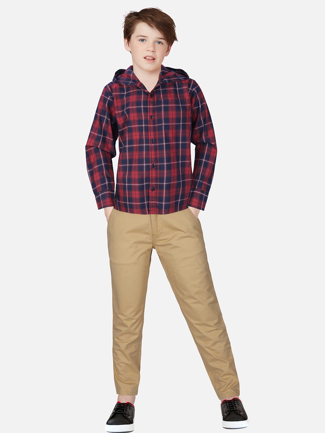 

Gini and Jony Boys Red Regular Fit Tartan Checks Hooded Casual Shirt