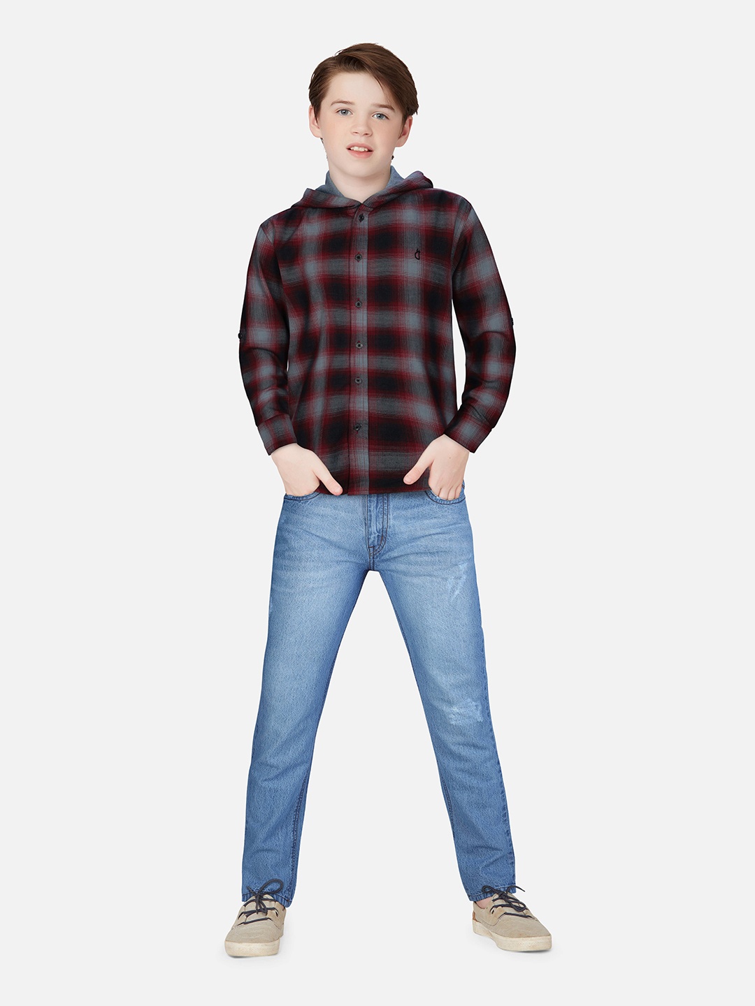 

Gini and Jony Boys Maroon Checked Casual Hood Shirt