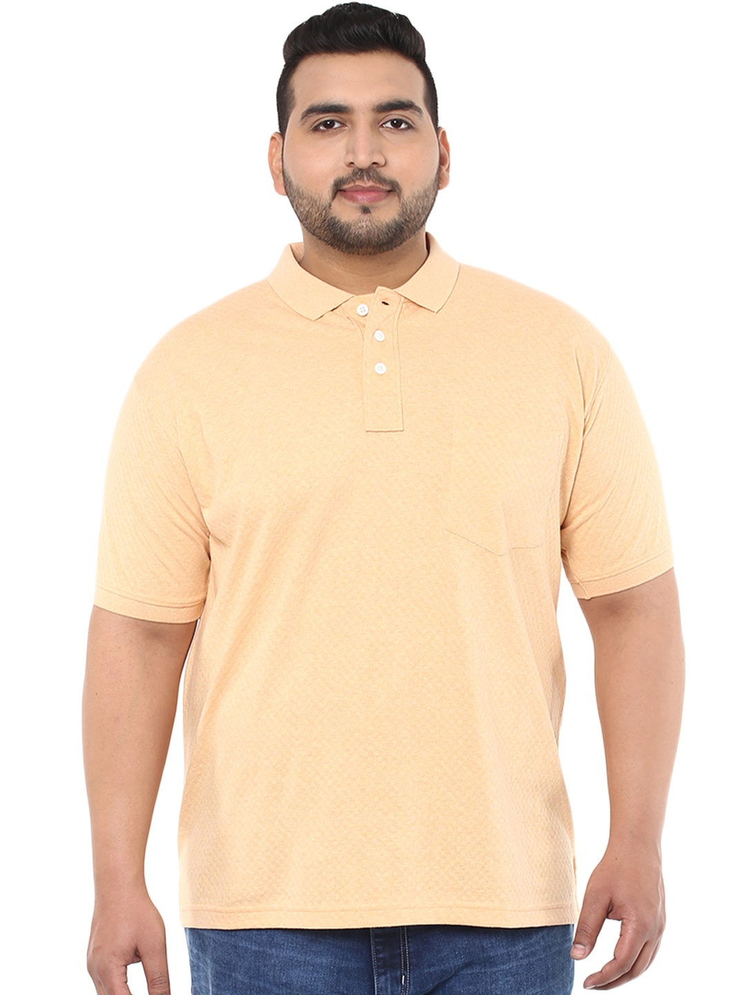 

John Pride Plus Size Men Peach-Coloured Self-Design Smart Fit Polo Collar T-shirt