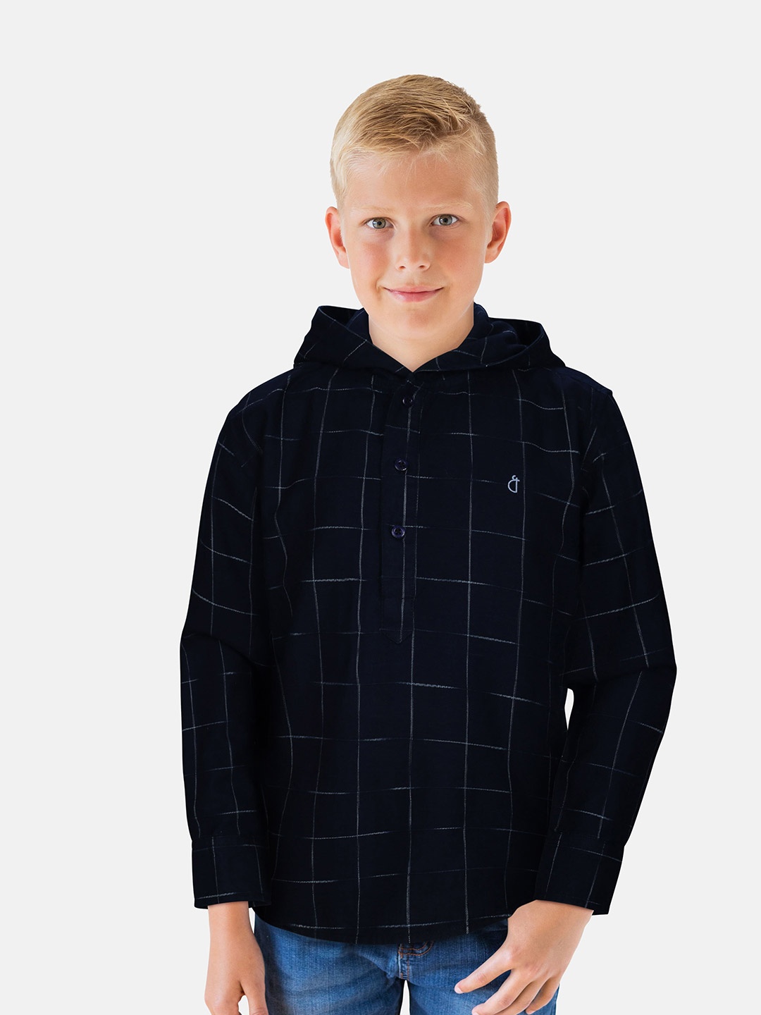 

Gini and Jony Boys Navy Blue Windowpane Checked Hooded Casual Shirt